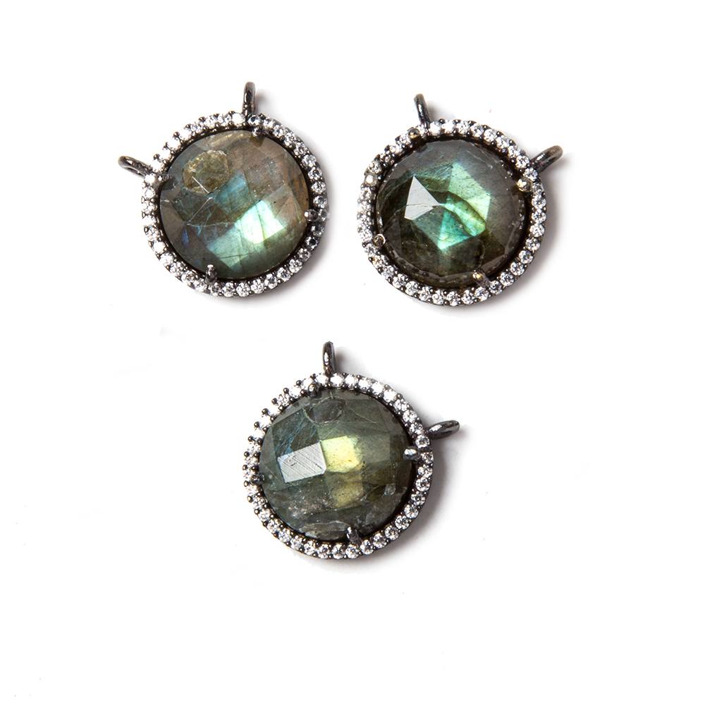 15mm Black Gold Bezeled CZ & Labradorite Coin Connector 1 pc - Beadsofcambay.com