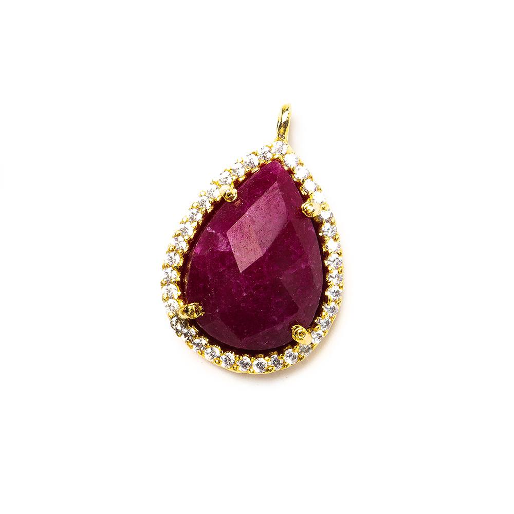 17x13mm Gold Bezeled White CZ and Red Aventurine Pear Pendant 1 piece - Beadsofcambay.com