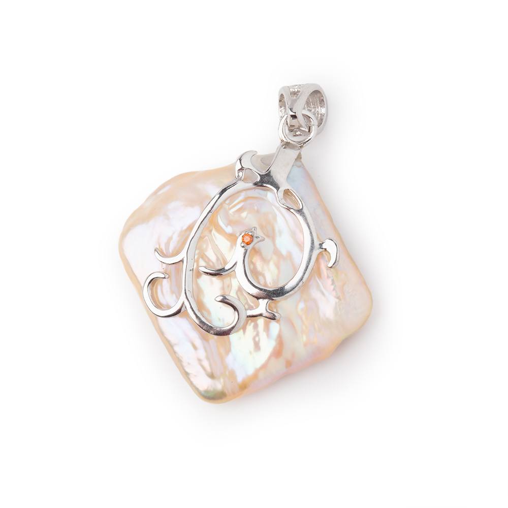 28x27mm .925 Silver Capped Peach Square Pearl Pendant 1 focal piece - Beadsofcambay.com