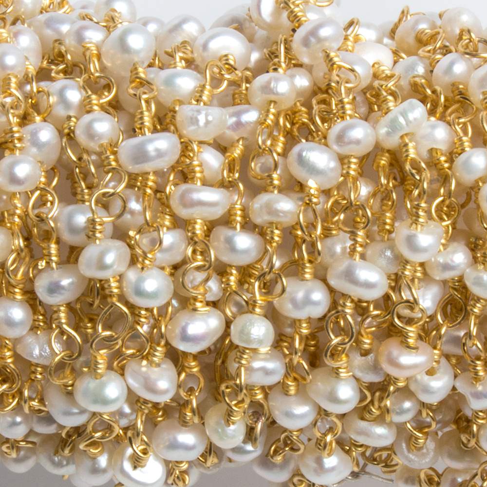 3-3.5mm Off White Seed Pearl Gold Chain by the foot 40 pieces - Beadsofcambay.com