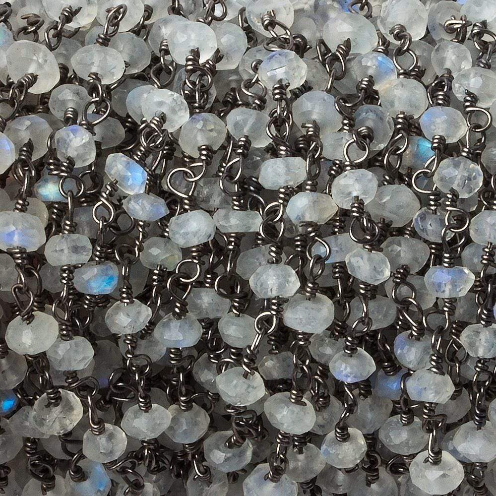 3-4mm Rainbow Moonstone Faceted Rondelle Black Gold plated Chain by the foot 34 pcs - Beadsofcambay.com