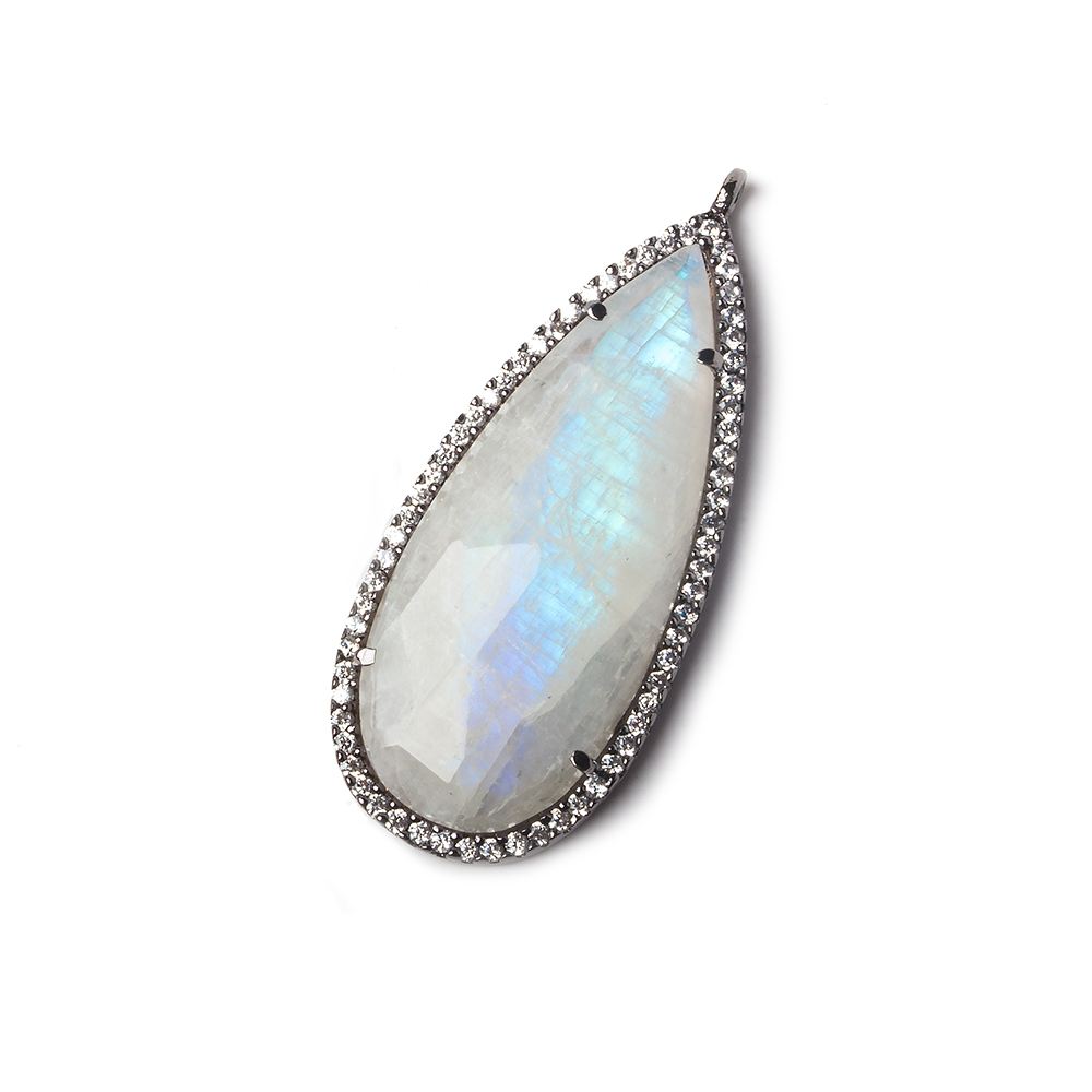 36x17mm Black Gold Bezeled White CZ and Rainbow Moonstone Pear Pendant 1 piece - Beadsofcambay.com