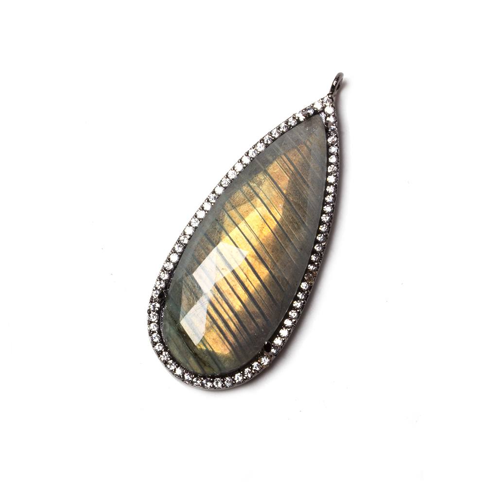 39x17mm Black Gold Bezeled White CZ & Labradorite Pear Pendant 1 pc - Beadsofcambay.com