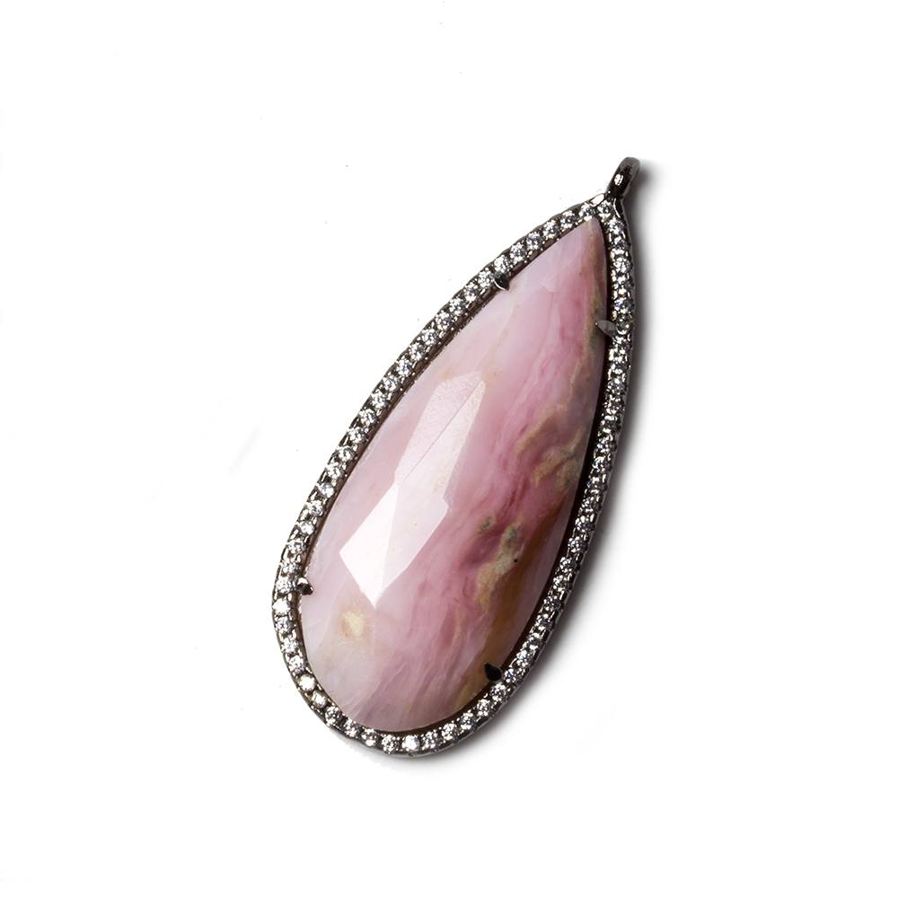 39x17mm Black Gold Bezeled White CZ & Pink Peru Opal Pear Pendant 1 pc - Beadsofcambay.com