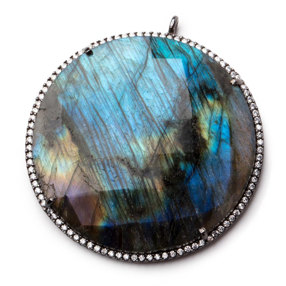 43mm Labradorite Black Gold CZ Bezel Coin Pendant 1 focal bead - Beadsofcambay.com