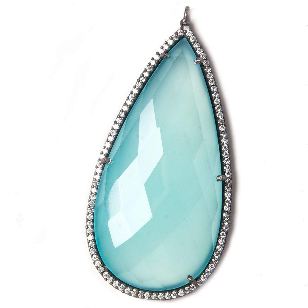 47.5x26mm Black Gold Bezeled White CZ & SeaBlue Chalcedony Pear Pendant 1 pc - Beadsofcambay.com