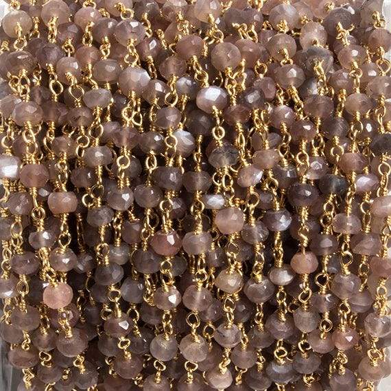 4mm Chocolate Moonstone faceted rondelle Gold Chain by the foot 34 pieces - Beadsofcambay.com