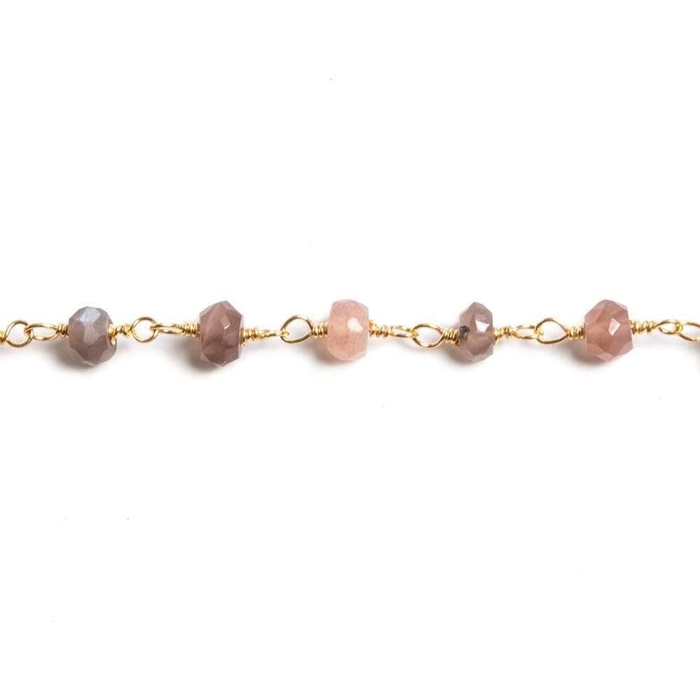 4mm Chocolate Moonstone faceted rondelle Gold Chain by the foot 34 pieces - Beadsofcambay.com