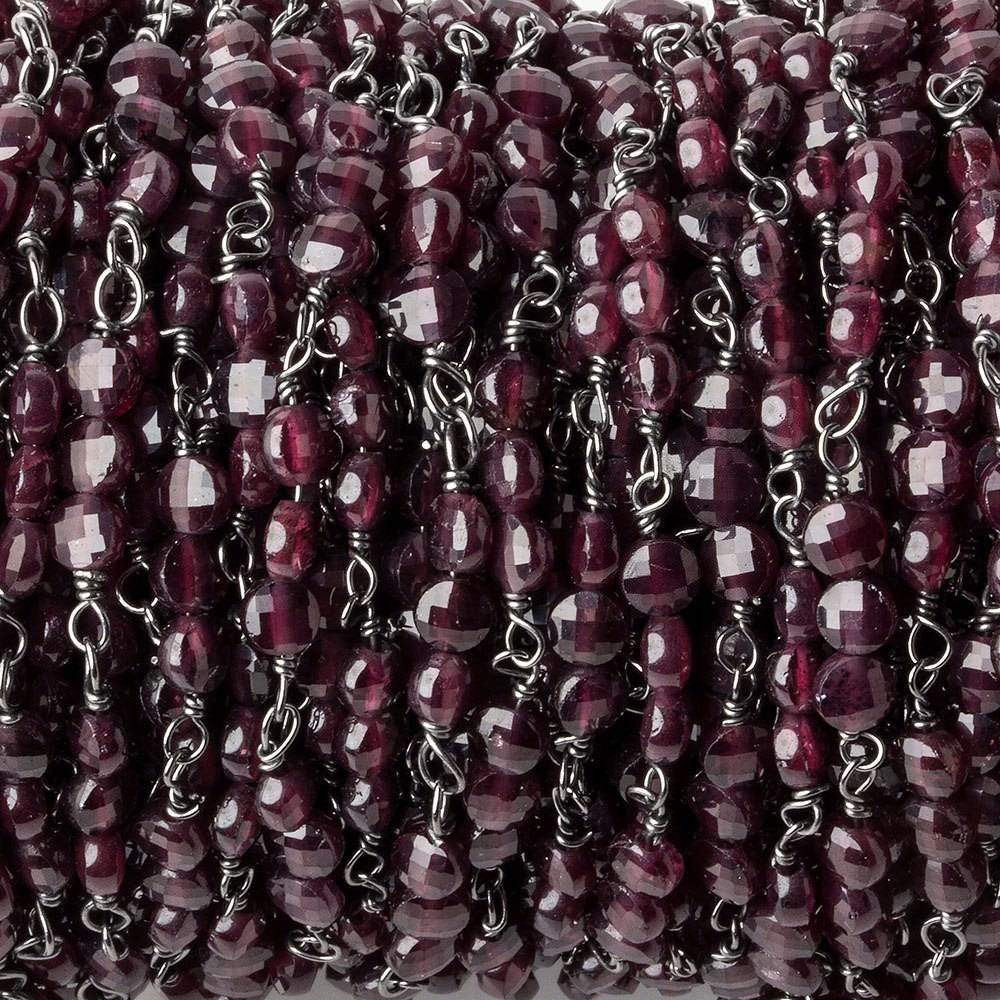 4mm Garnet faceted coin Trio Black Gold Chain by the foot 54 beads per length - Beadsofcambay.com