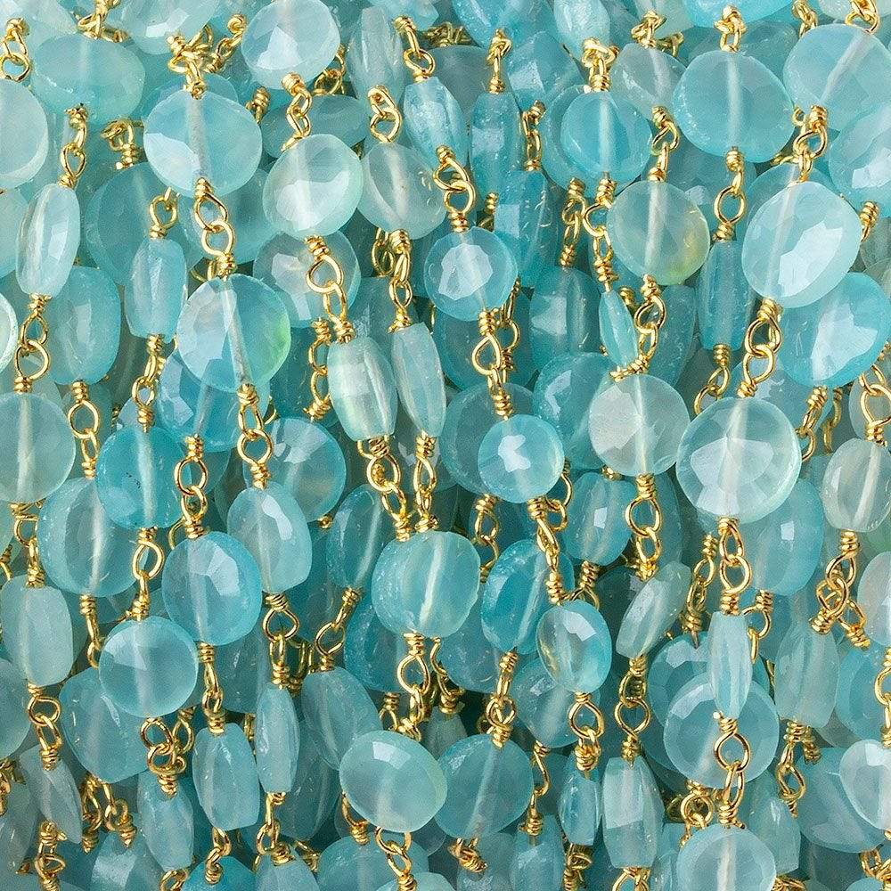 5-6mm Sea Blue Chalcedony faceted coin Gold Chain by the foot 27 beads - Beadsofcambay.com