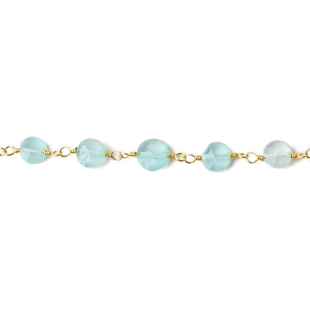 5-6mm Sea Blue Chalcedony faceted coin Gold Chain by the foot 27 beads - Beadsofcambay.com