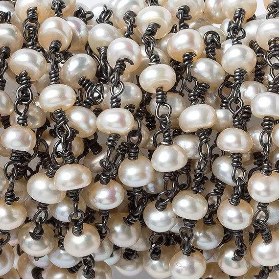 5mm Cream Button Freshwater Pearl Black Gold .925 Chain by the foot 32 beads - Beadsofcambay.com