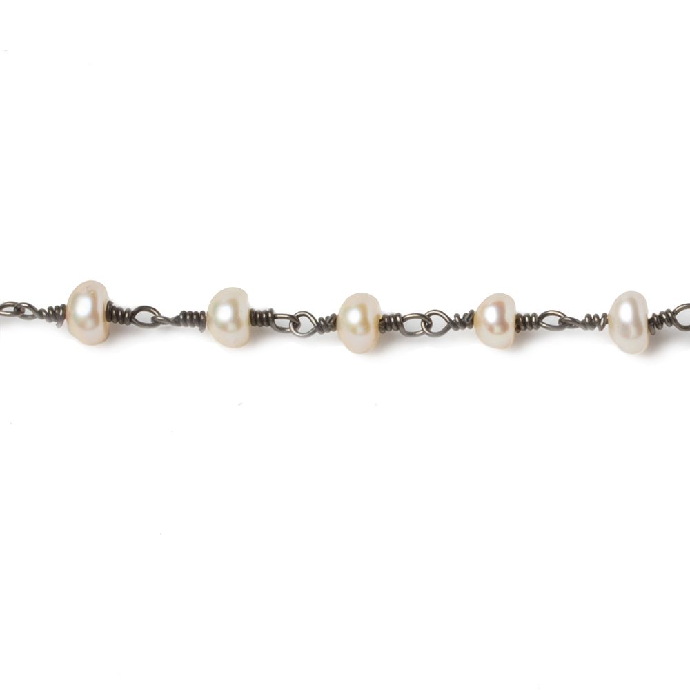 5mm Cream Button Freshwater Pearl Black Gold .925 Chain by the foot 32 beads - Beadsofcambay.com