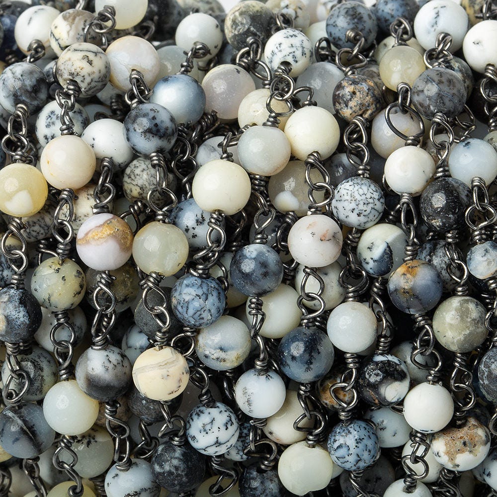 5mm Dendritic Opal plain round Black Gold plated Chain by the foot - Beadsofcambay.com