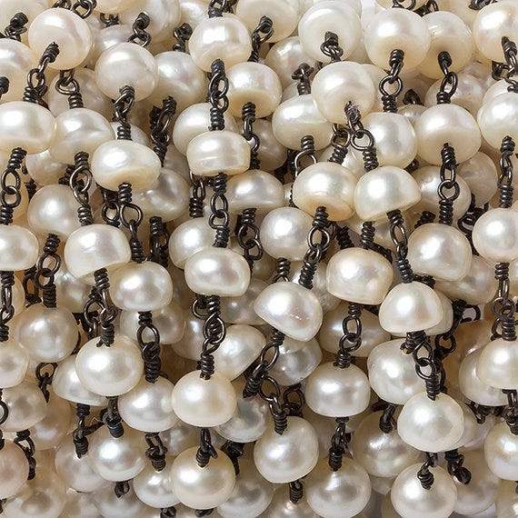 6mm Cream Button Freshwater Pearl Black Gold .925 Chain by the foot 28 beads - Beadsofcambay.com