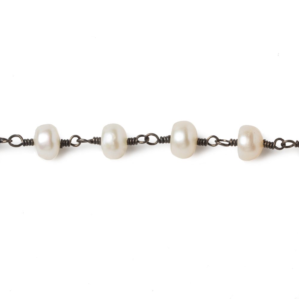 6mm Cream Button Freshwater Pearl Black Gold .925 Chain by the foot 28 beads - Beadsofcambay.com