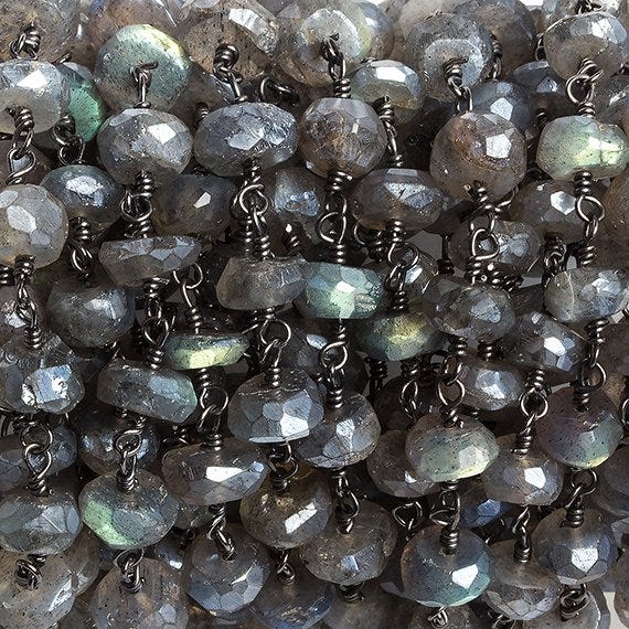 6mm Mystic Labradorite faceted rondelle Black Gold Chain by the foot 32 beads - Beadsofcambay.com