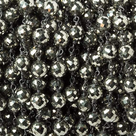 6mm Pyrite faceted round Black Gold .925 Chain by the foot 27 beads - Beadsofcambay.com