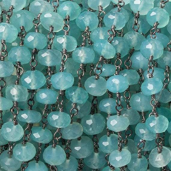 6mm Seafoam Blue Chalcedony faceted rondelle Black Gold Chain by the foot 33 beads - Beadsofcambay.com