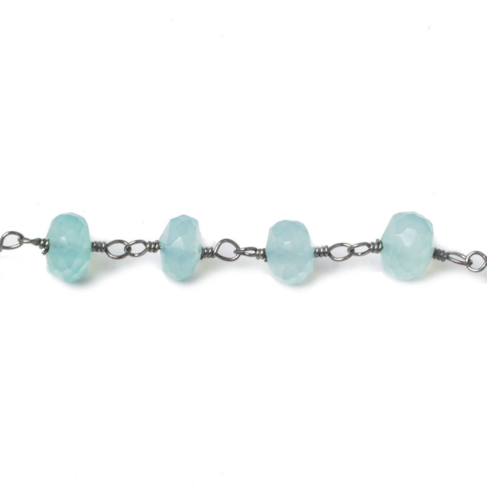 6mm Seafoam Blue Chalcedony faceted rondelle Black Gold Chain by the foot 33 beads - Beadsofcambay.com