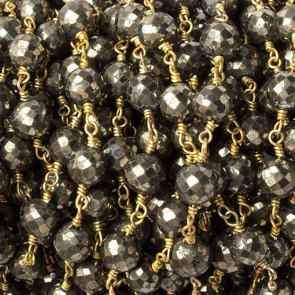 7mm Pyrite faceted round Gold plated Chain by the foot 21 beads - Beadsofcambay.com