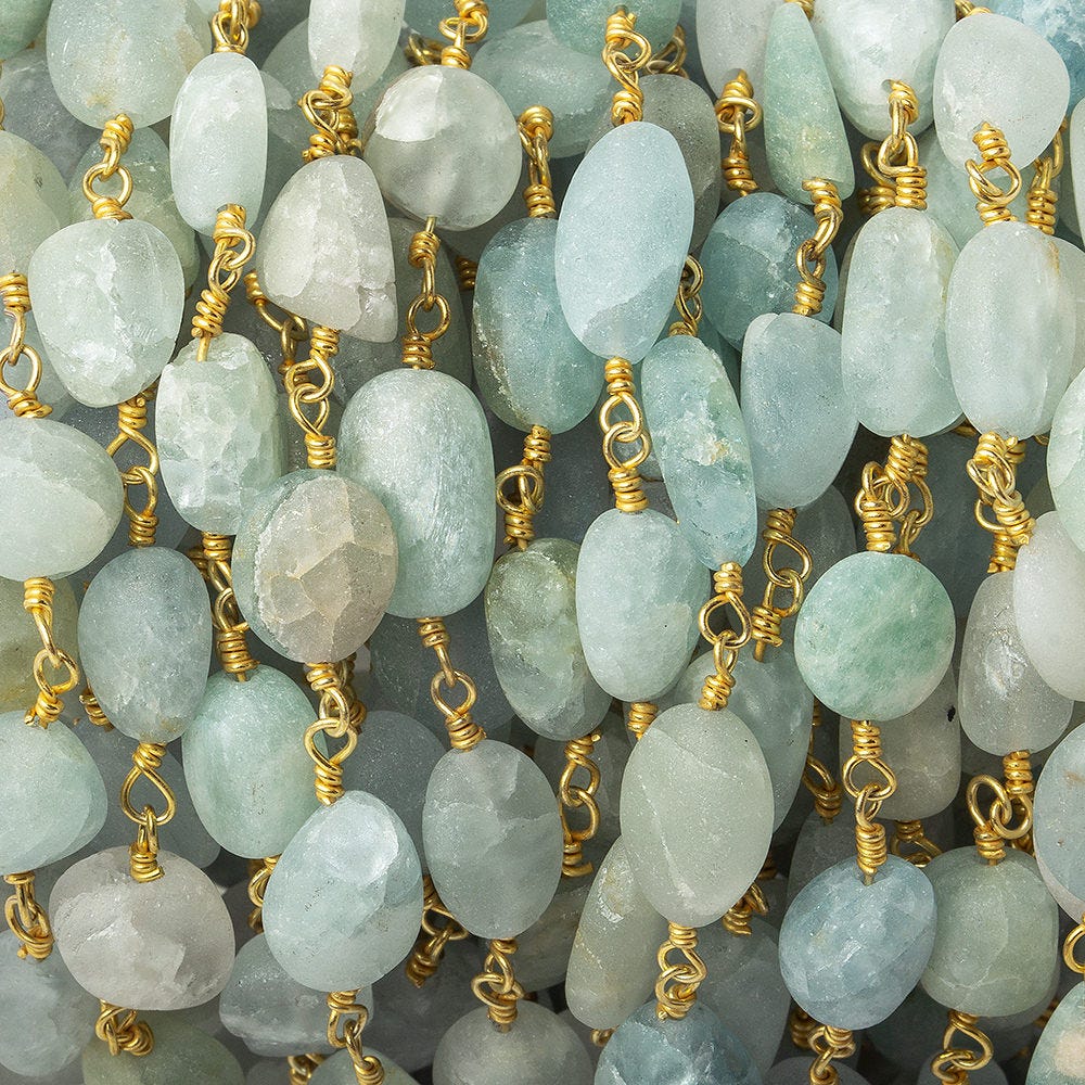 7x6-10x8mm Frosted Aquamarine plain nugget Gold plated Chain by the foot - Beadsofcambay.com