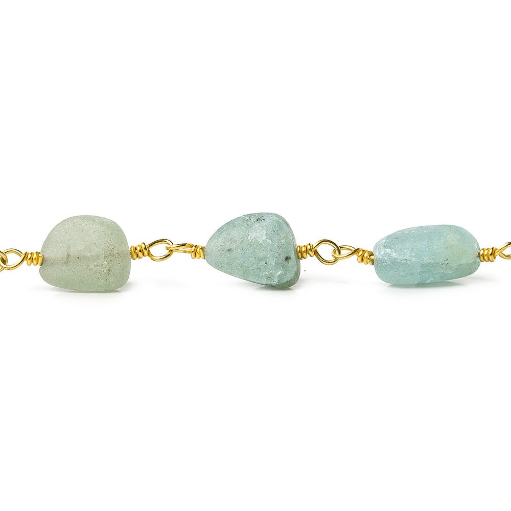 7x6-10x8mm Frosted Aquamarine plain nugget Gold plated Chain by the foot - Beadsofcambay.com