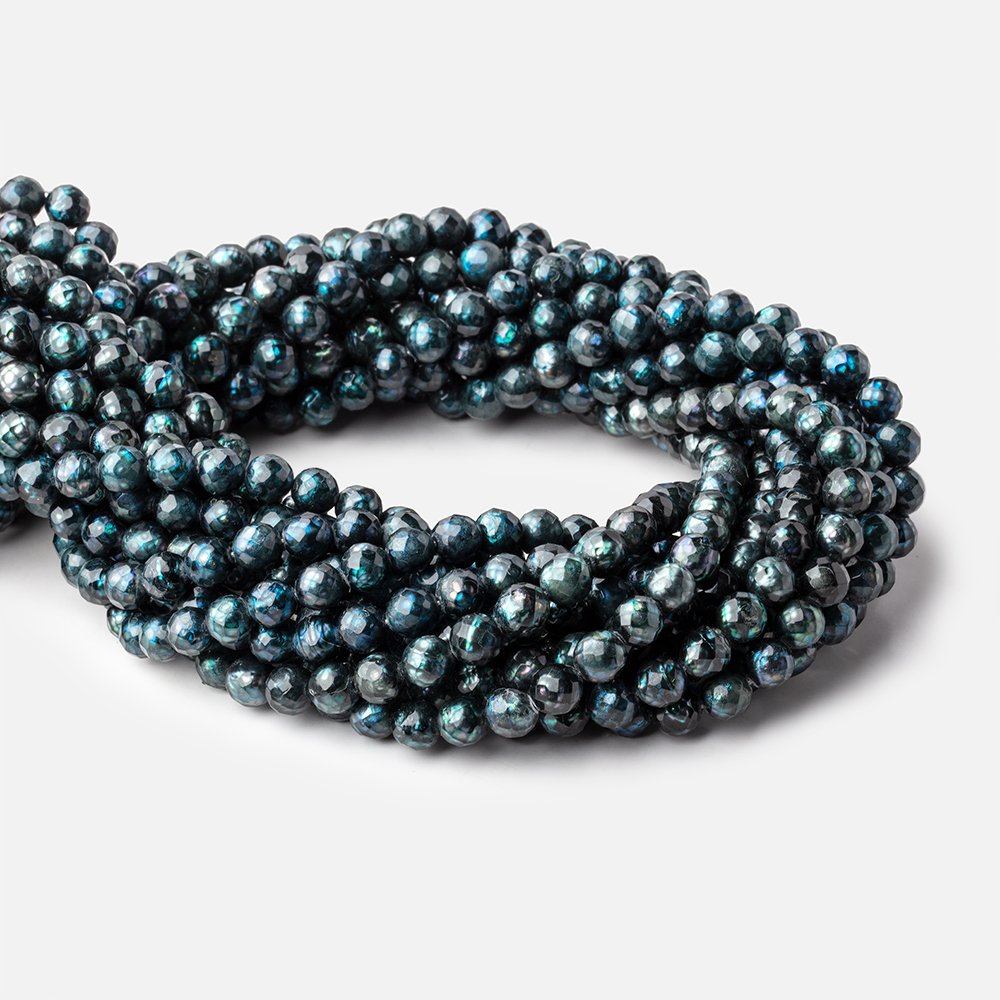 6.5mm Dark Aqua Blue Faceted Round Freshwater Pearls 16 inch 60 pieces - BeadsofCambay.com