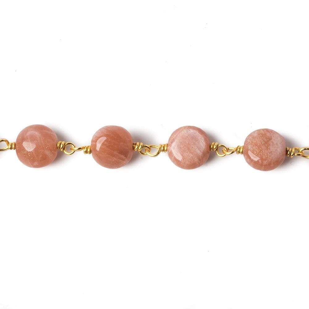 8mm Peach Moonstone puffy coin Vermeil Chain by the foot 23 beads - Beadsofcambay.com