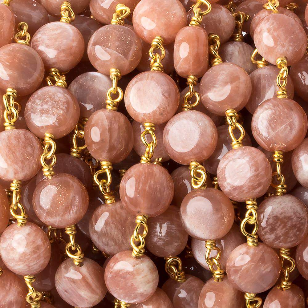 8mm Peach Moonstone puffy coin Vermeil Chain by the foot 23 beads - Beadsofcambay.com