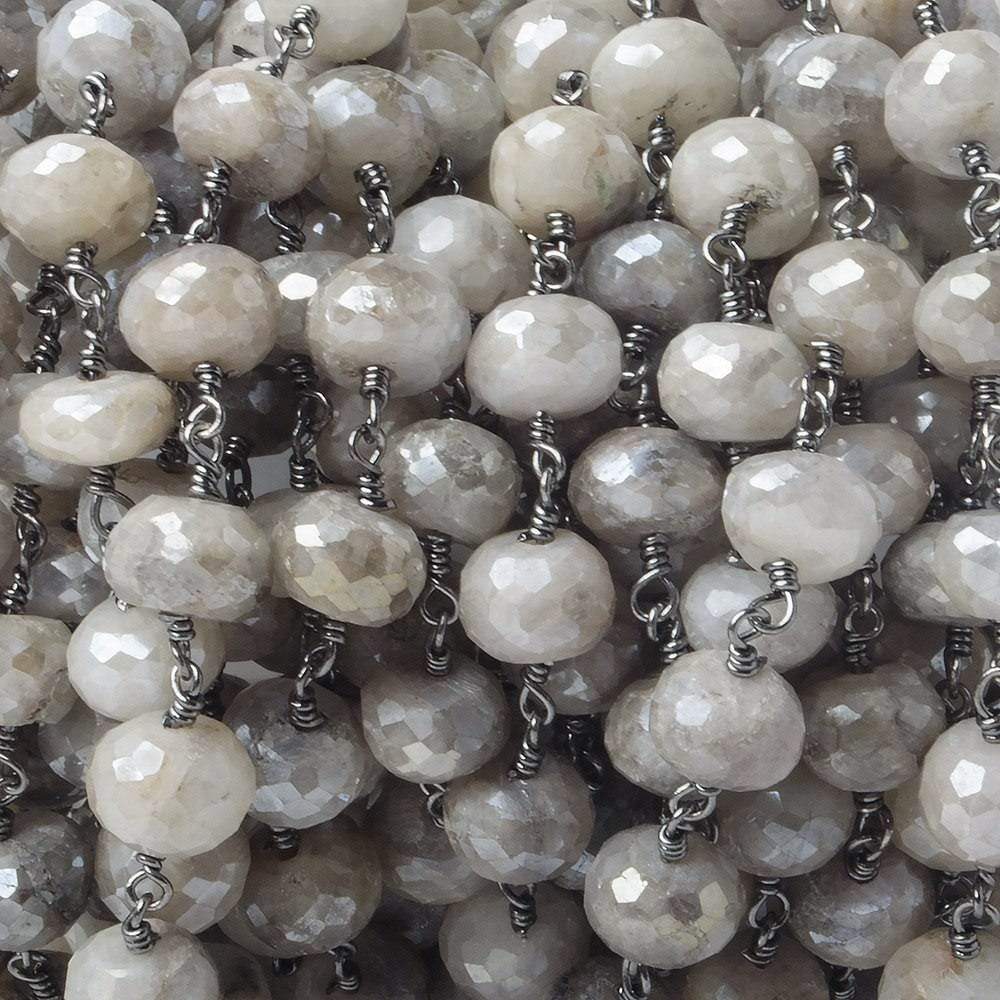 9mm Mystic Platinum Grey Moonstone faceted rondelle Black Gold Chain by the foot 24 pcs - Beadsofcambay.com