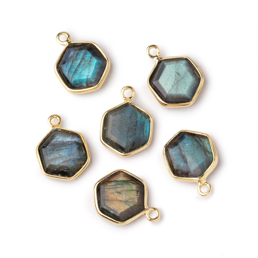 9mm Vermeil Bezel Labradorite Bevel Faceted Hexagon Pendant 1 piece - Beadsofcambay.com