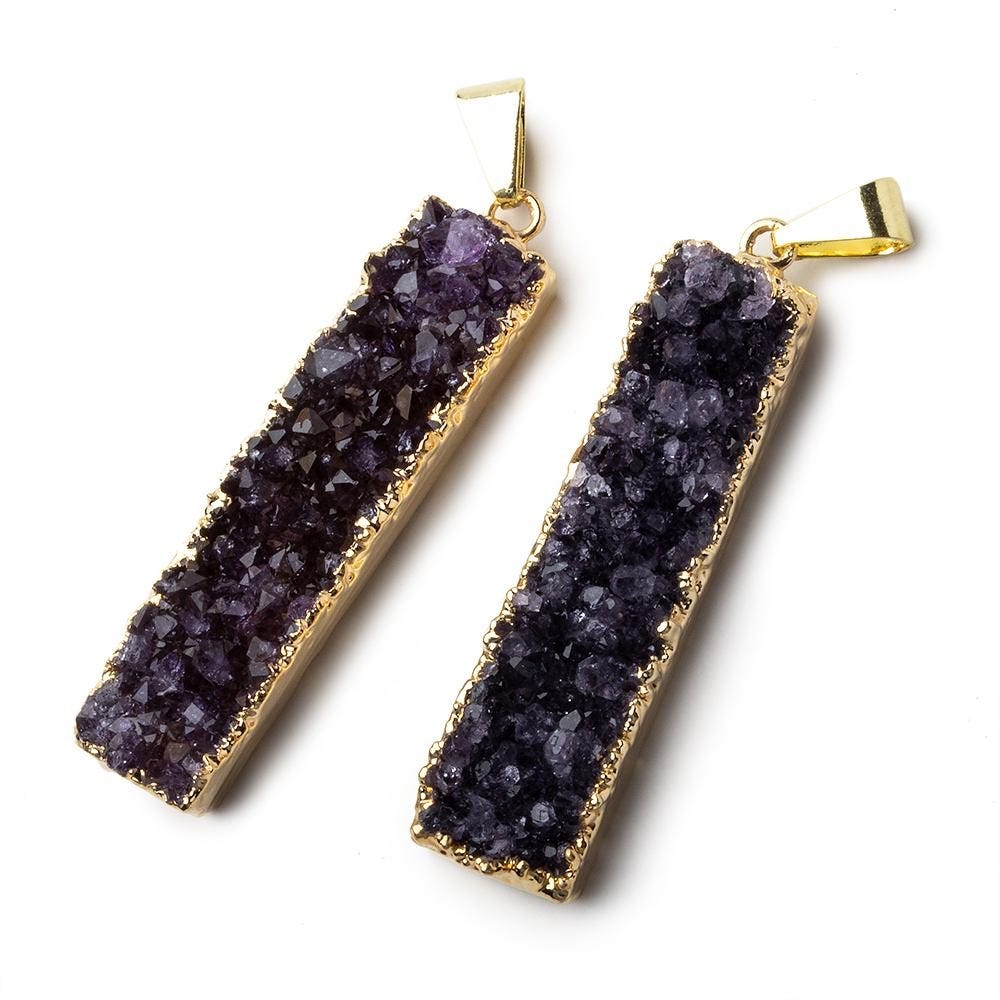 Gold Leafed Amethyst Bar Drusy Pendant with Bail 1 piece 41x10x8mm A Grade - Beadsofcambay.com